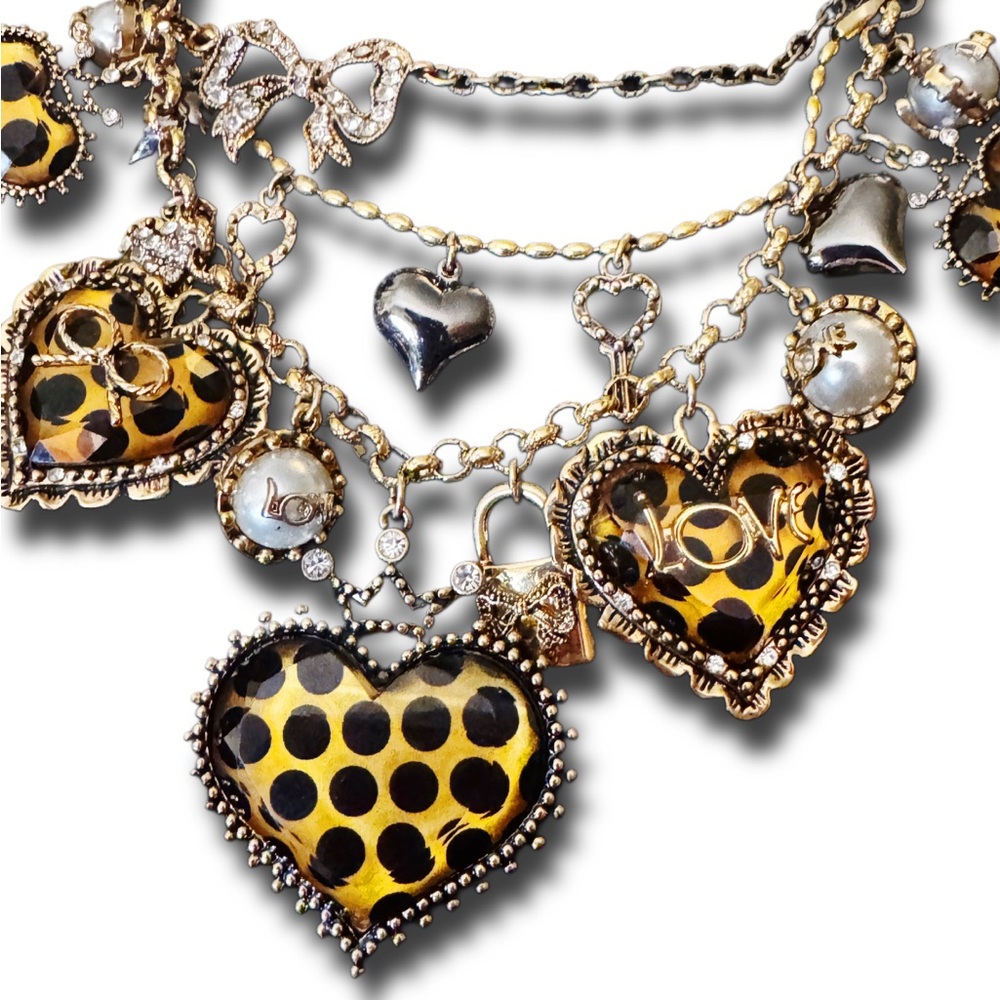 Vintage Betsey Johnson Lucite Heart & Locks Polka Dot Multi charm necklace - Picture 9 of 12